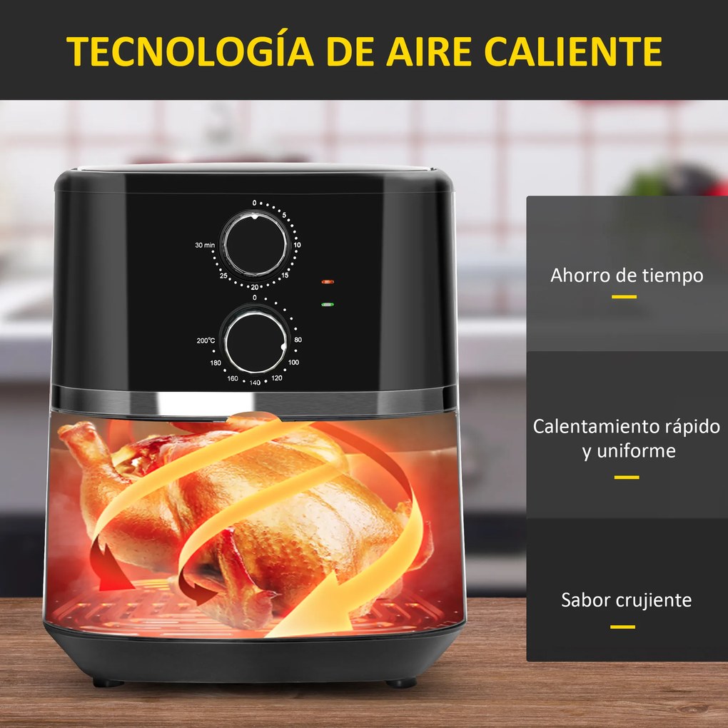 HOMCOM Fritadeira sem Óleo 4,5L Fritadeira de Ar Quente 1500W com 8 Programas Temporizador Temperatura Ajustável Desligamento Automático e Cesta Antiaderente 35,5x28x33,8cm Preto