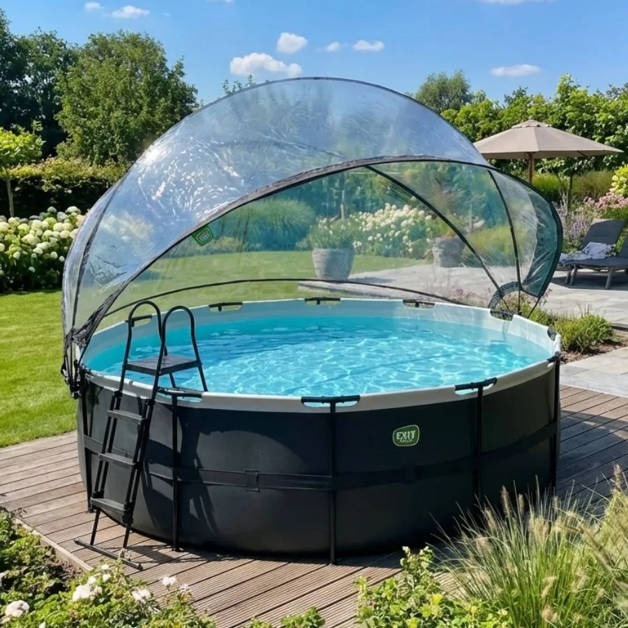 Piscina redonda Black Leather ø427x122cm com bomba de filtro de areia e cobertura cúpula - preta