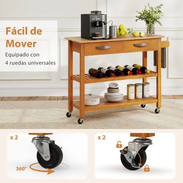 Carrinho de cozinha 116 x 43 x 89 cm com rodas de madeira com 2 gavetas, 2 prateleiras abertas e pega lateral natural