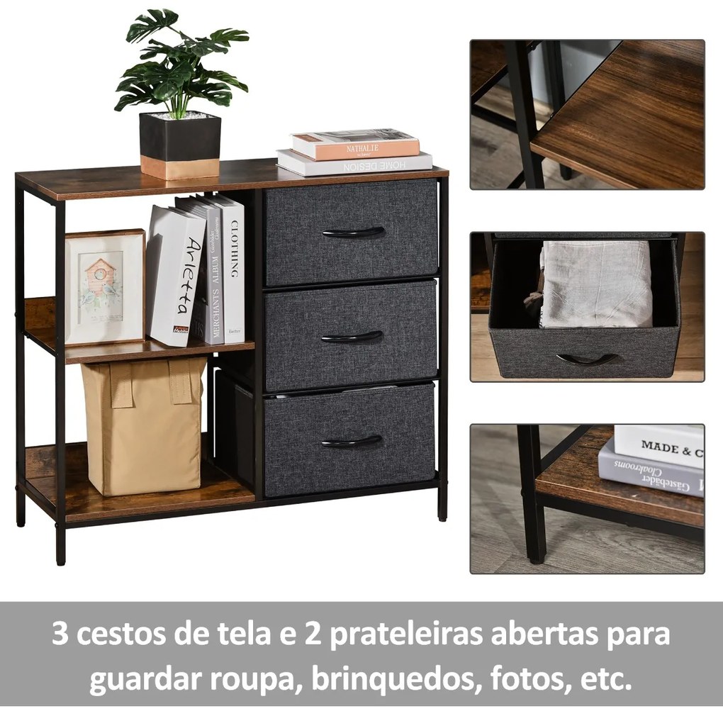 Cómoda de Estilo Industrial com Cestos de Tela Dobráveis e 2 Prateleiras para Dormitório Sala de Estar Corredor 80x29x71cm Marrom Rústico e Cinza Escu