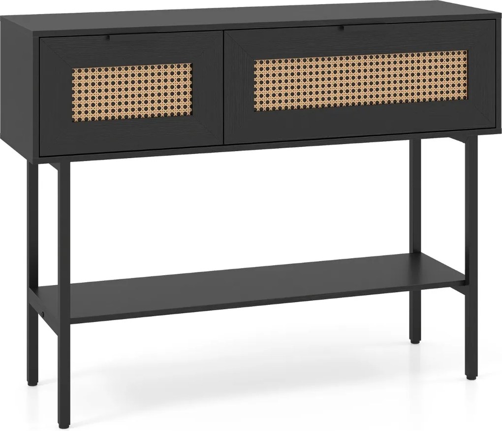 Mesa consola estreita em rattan PE 100 x 29,5 x 76 cm, estilo boémio, com portas, prateleiras e estrutura metálica, para a sala de estar ou o hall de
