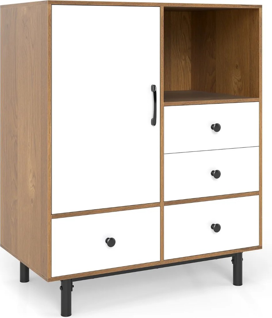 Armário com 4 gavetas e compartimento aberto, com pés de metal 80 x 45,5 x 97,5 cm, cor natural e branco