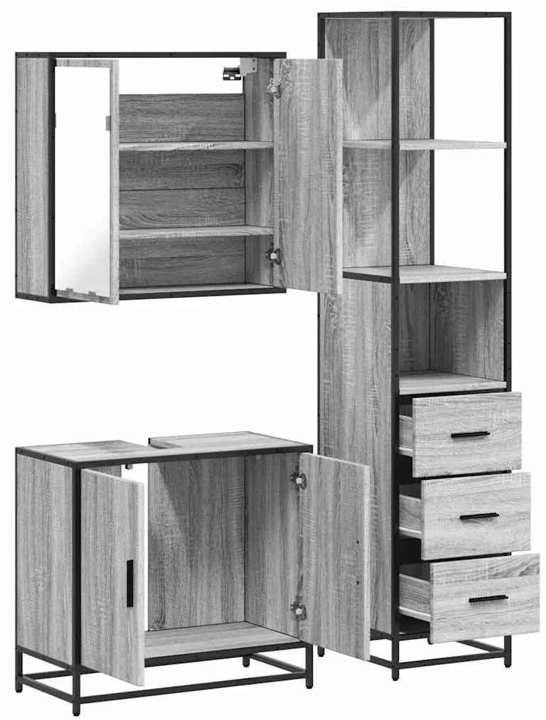 3 pcs Conjunto móveis casa de banho madeira proc. cinza sonoma