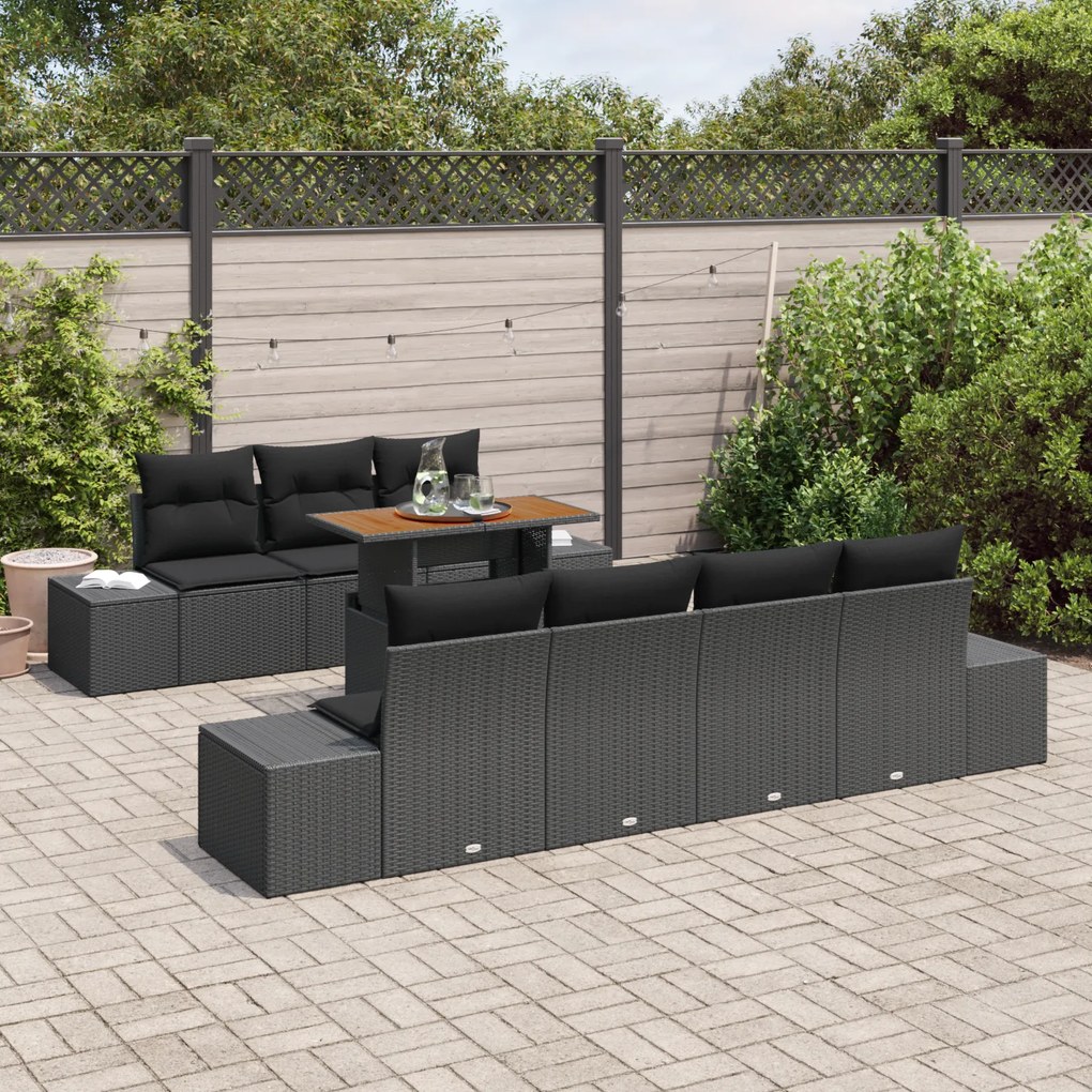 Conjunto de Sofá de Jardim de 8 Peças com Almofadas Preto de Rattan Po