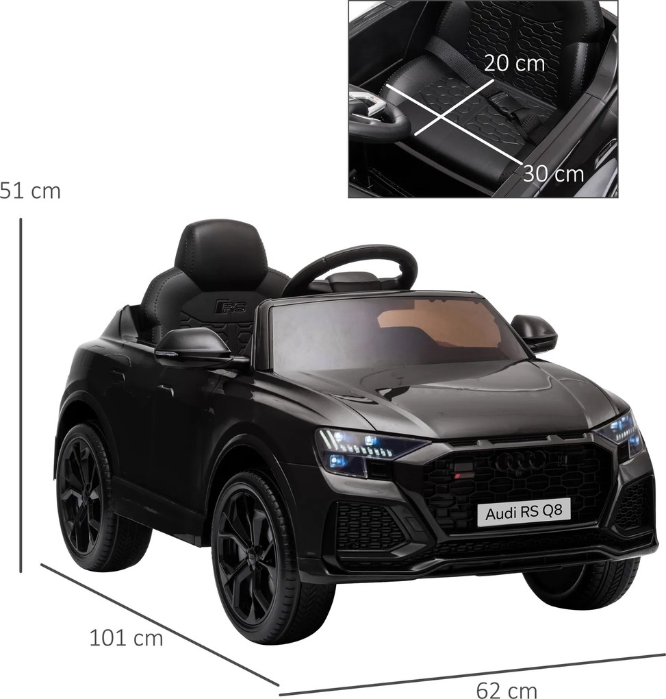 Carro elétrico infantil com licença oficial Audi RS Q8, veículo elétrico com controlo remoto, USB, Bluetooth, preto