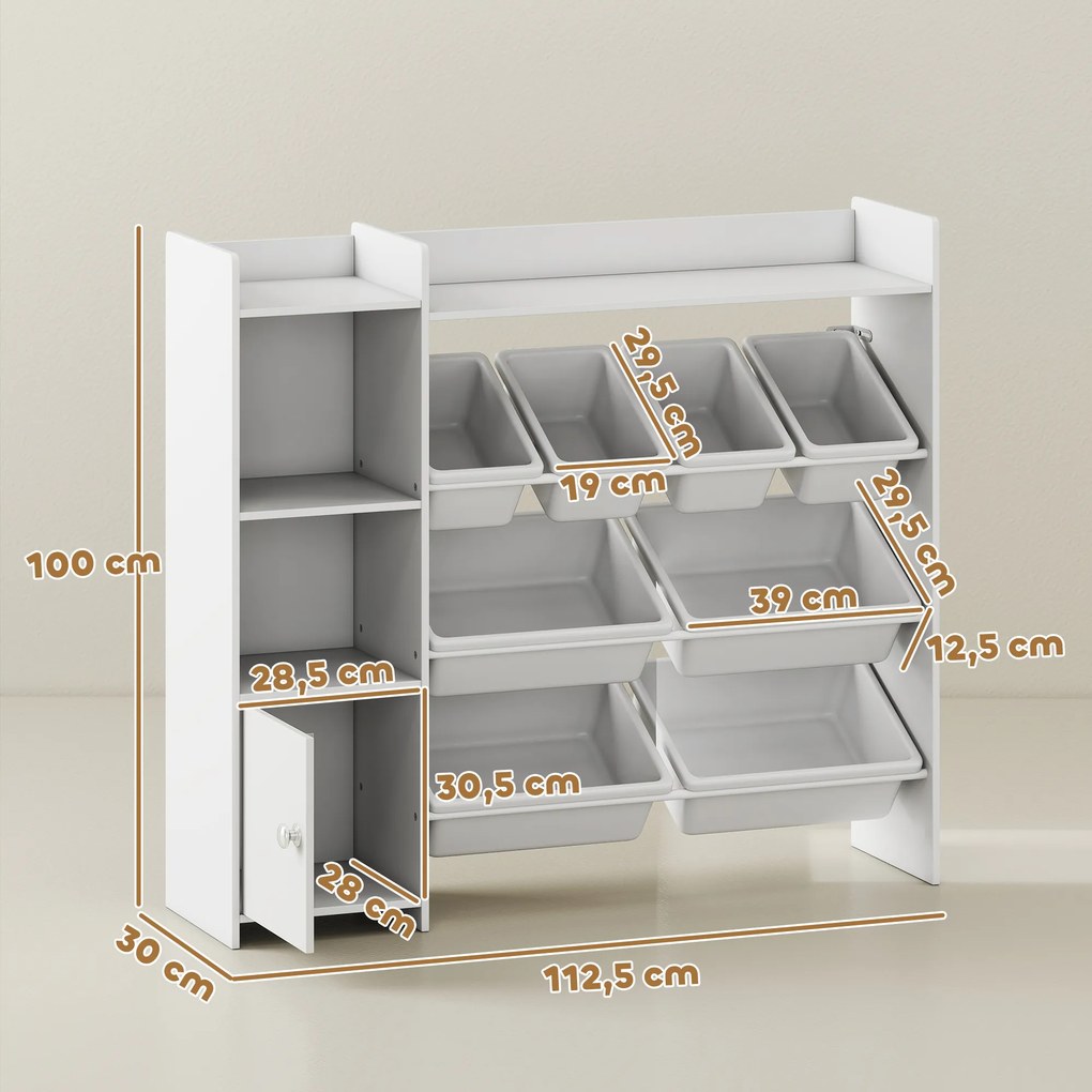 Móvel de arrumação para crianças dos 3 aos 8 anos 112,5 L x 30 P x 100 A cm, arrumação de brinquedos com 8 caixas removíveis, prateleiras de arrumação