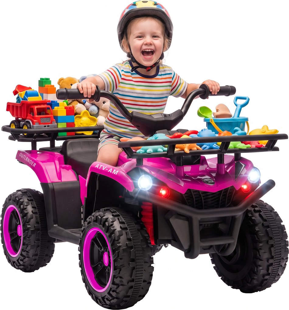 AIYAPLAY Quad Elétrico Infantil 12V com 2 Motores, Bateria de Lítio, 2 Cestos e MP3, Rosa, 3-8 Anos | Aosom Portugal