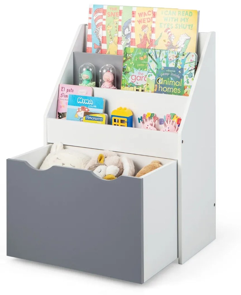 Estante para crianças com 3 compartimentos e gaveta extraível com 4 rodas para crianças dos 3 aos 6 anos 50 x 28 x 70 cm Cinzento