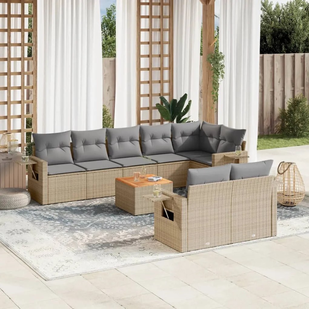 9 pcs conj. sofás jardim c/ almofadões vime PE bege misturado