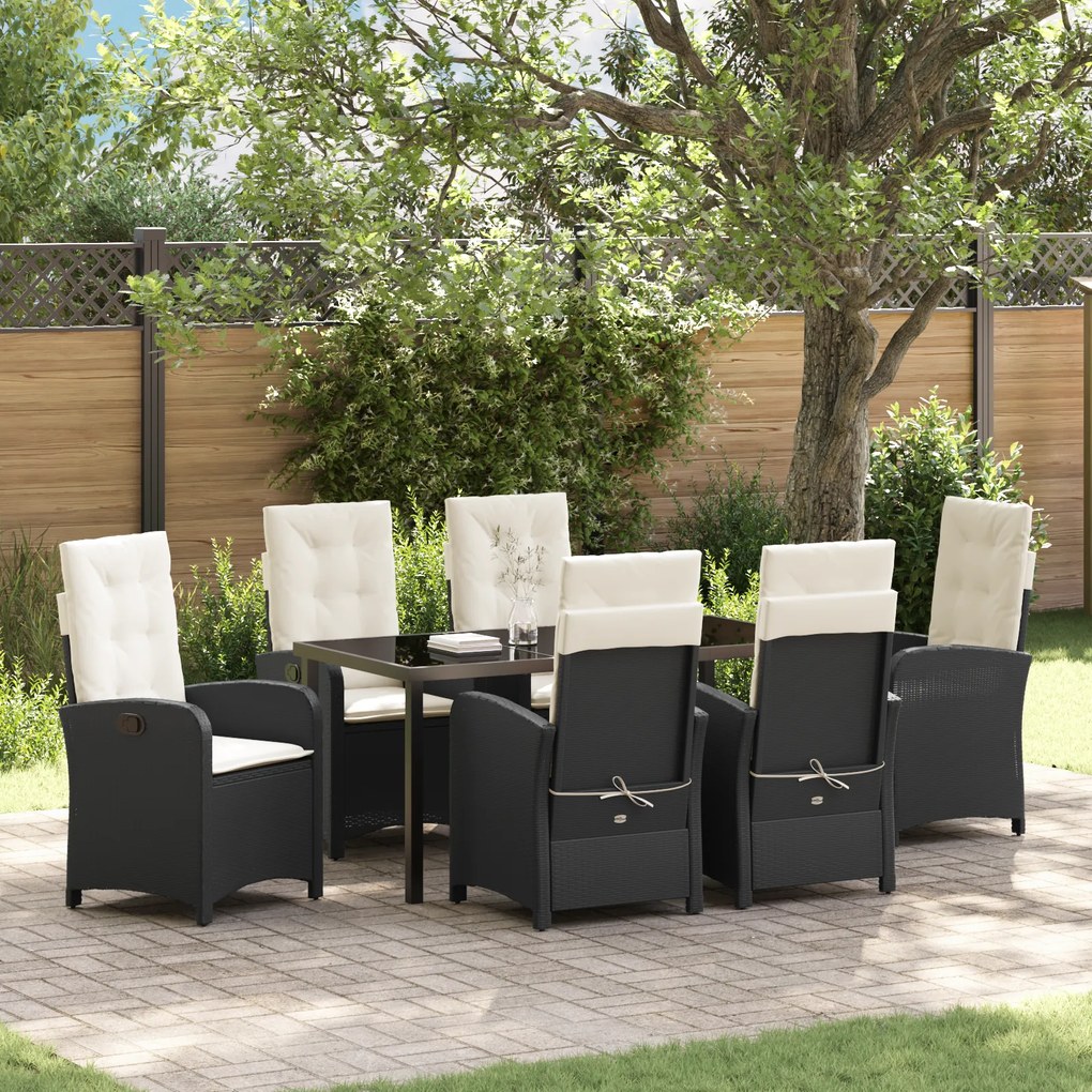 vidaXL Conjunto de Jantar de Jardim 7 Peças com Almofadas - Rattan Poliéster Preto