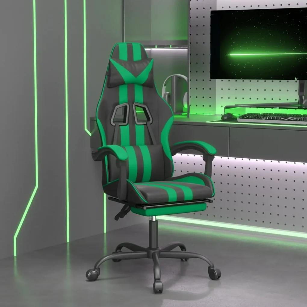 Cadeira gaming giratória c/ apoio pés couro artif. preto/verde