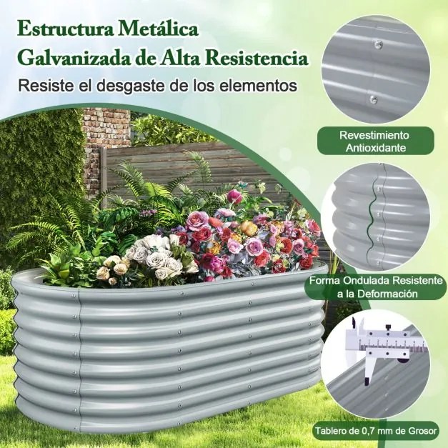 Floreira metálico ovalado elevado com fundo aberto, caixa para plantas canteiro de flores em chapa ondulada, cinza