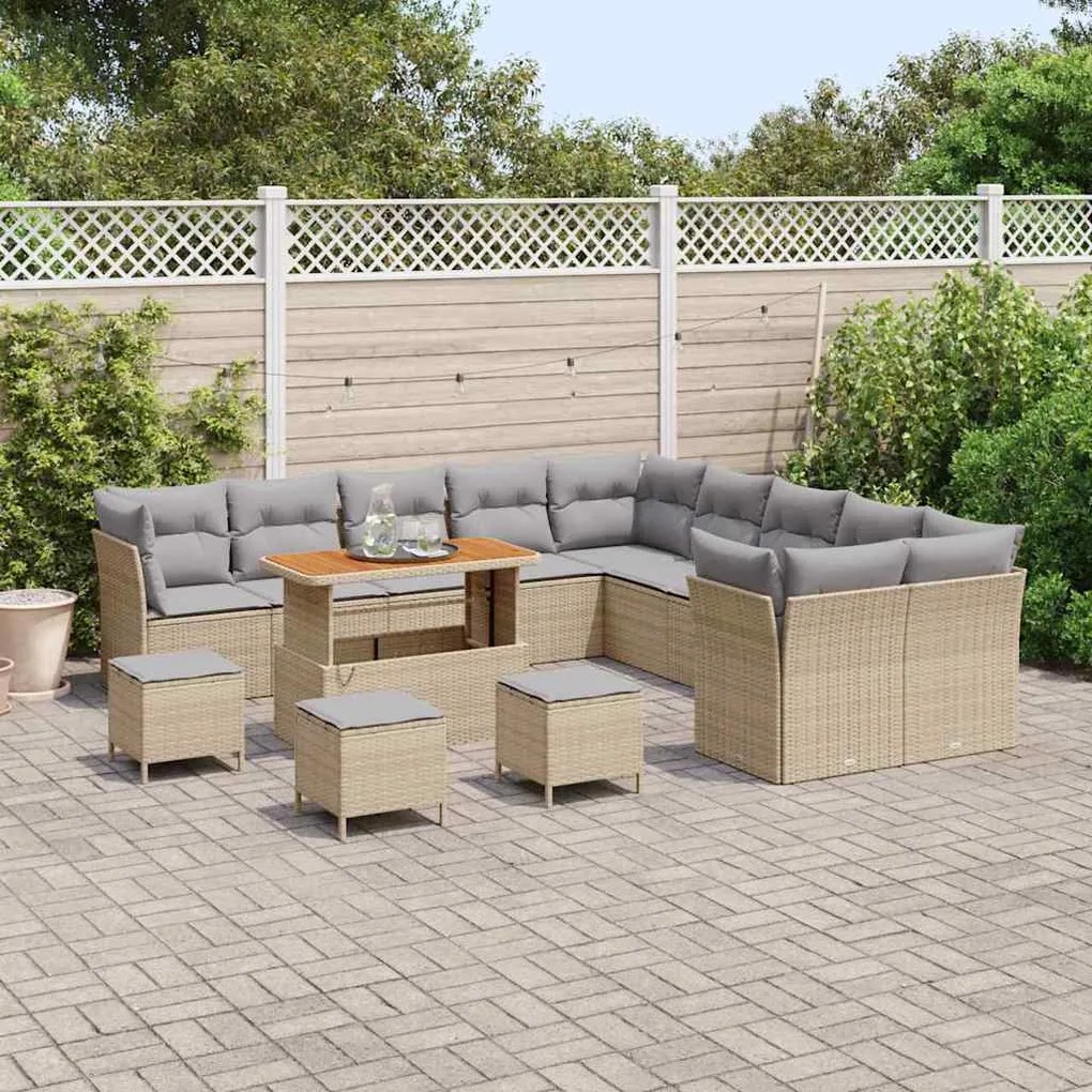 Conjunto de Sofás de Jardim de 14 Peças com Almofadas Rattan Poliéster