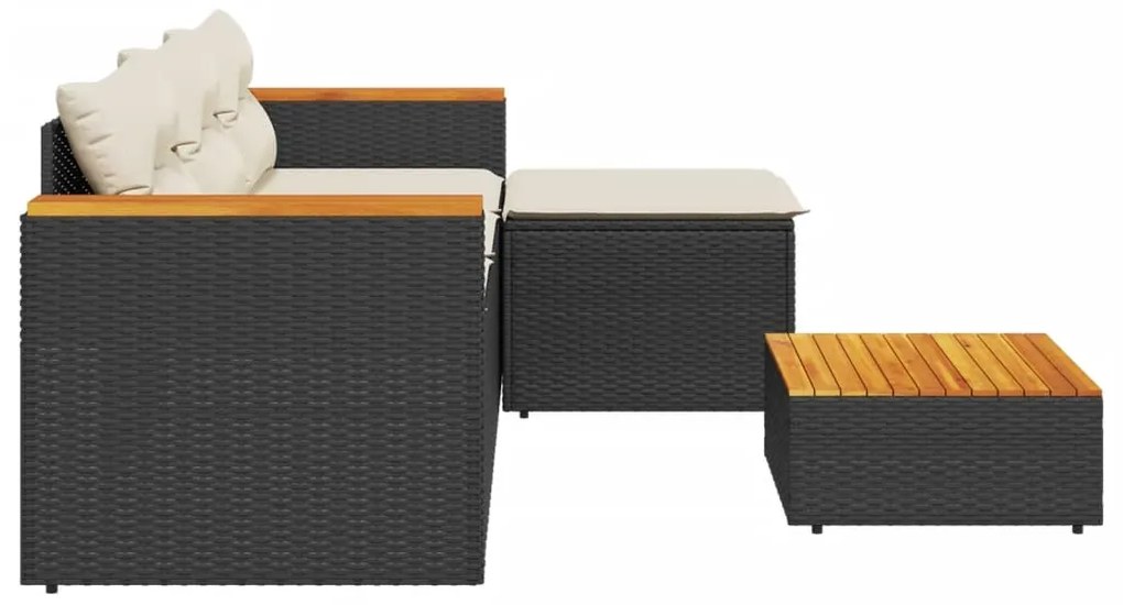 3 pcs conjunto sofás de jardim com almofadões vime PE preto