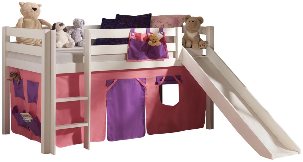 Conjunto Cama alta de Criança PINO 90 x 200 cm + estrado + escada + escorrega + cortina Bella Branca