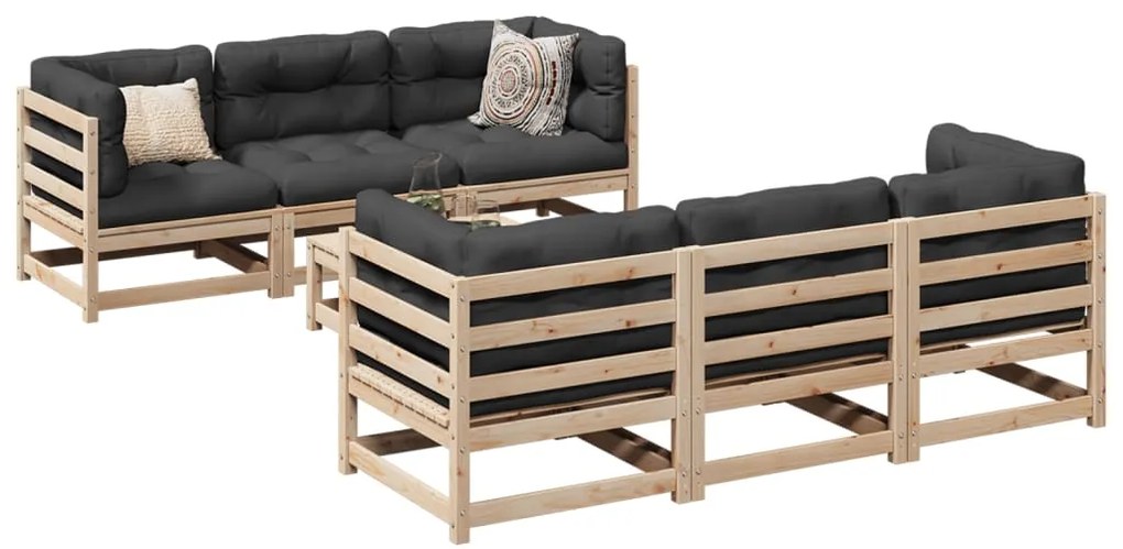 7 pcs conjunto sofás de jardim com almofadões pinho maciço