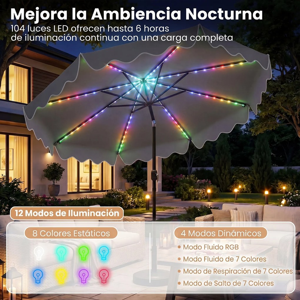 Guarda-sol de Jardim, 280 x 280 x 250 cm, (BASE NÃO INCLUIDA) Iluminação LED Integrada, Cinzento