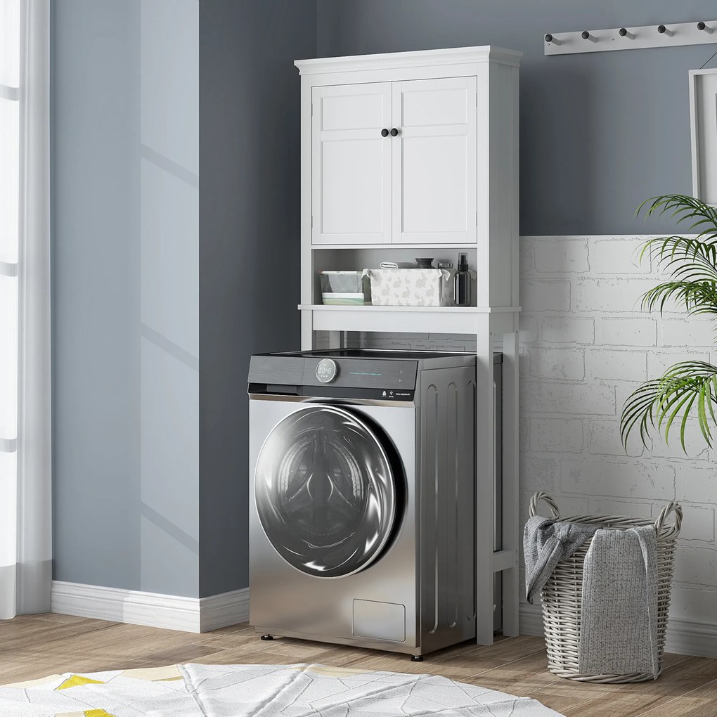 Móvel sobre Sanita Armário para Máquina de Lavar Roupa com 2 Portas Compartimento e Prateleira Ajustável 70x20x175 cm Branco