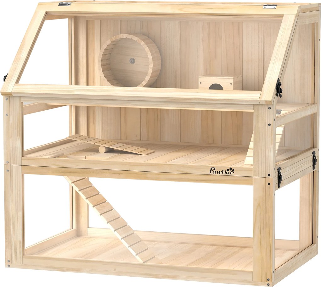 Gaiola para hamsters e roedores com 3 níveis, fundo removível 80 x 50 x 76 cm, casinha e Baloiço, 80x50x76 cm, acabamento em madeira natural