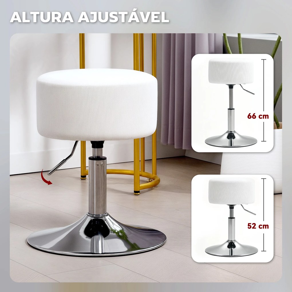 Banco de toucadou ou cozinha Ajustável em Altura 52-66 cm Estofado em Veludo Giratória a 360° Branco
