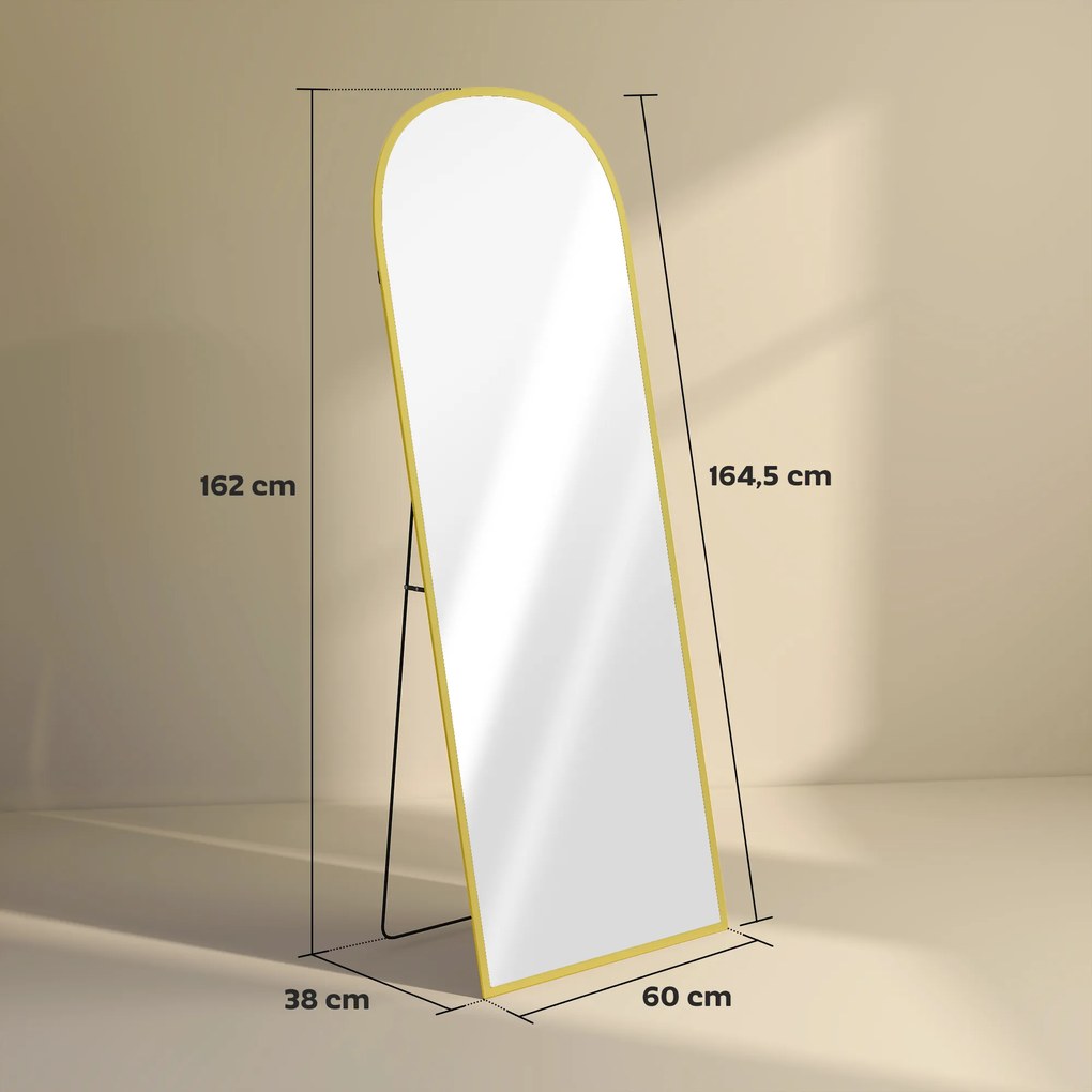 Espelho de Pé Espelho de Corpo Inteiro 60x165 cm com Estrutura de Liga de Alumínio e Suporte para Sala Quarto Dourado