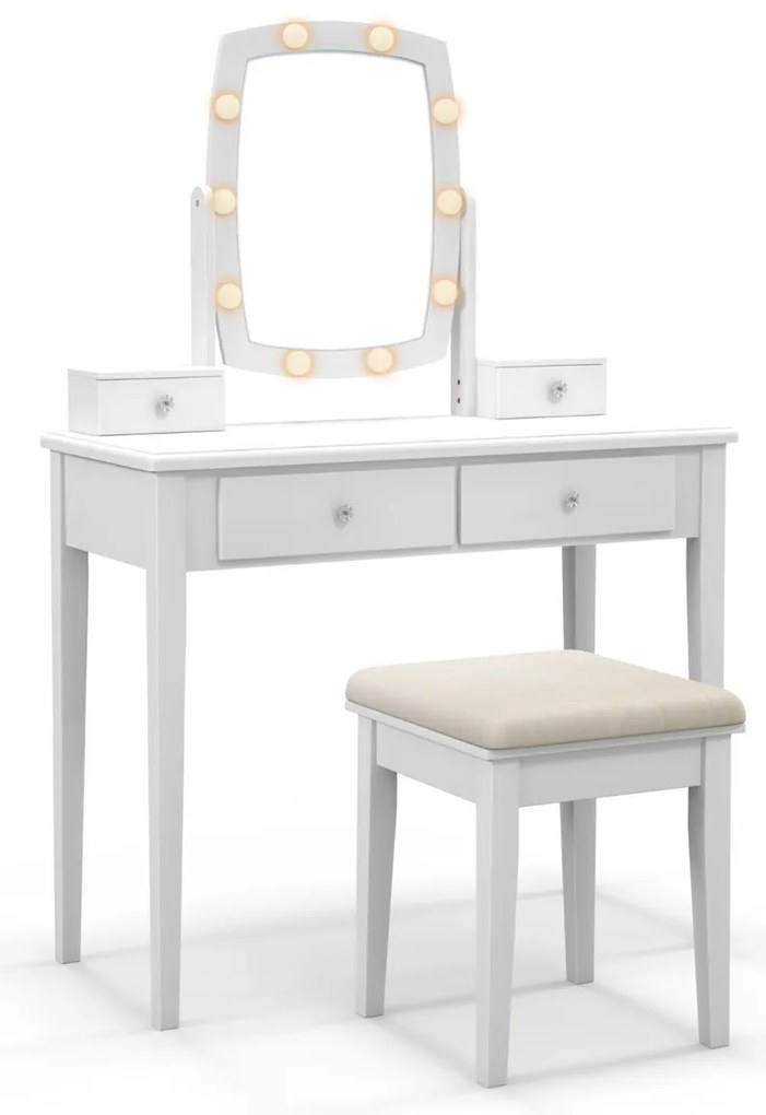 Penteadeira com espelho iluminado, penteadeira com luzes, 3 modos de cor, brilho ajustável, 5 gavetas e banco macio, branco