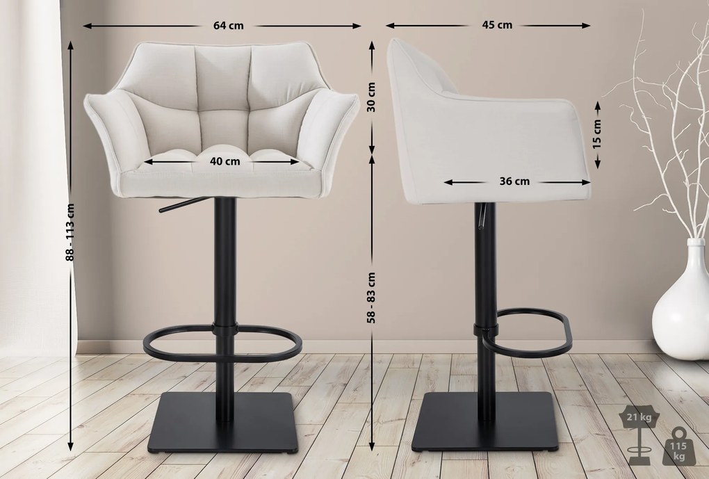 Banco de bar Damaso em tecido e com estrutura preta 64 x 88-113 x 45 cm Branco