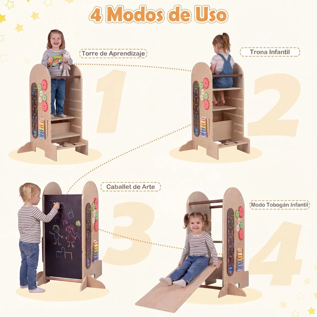 Torre de Aprendizagem Montessori 4 em 1, 72,5 x 59,5 x 90 cm, Altura Regulável, Natural
