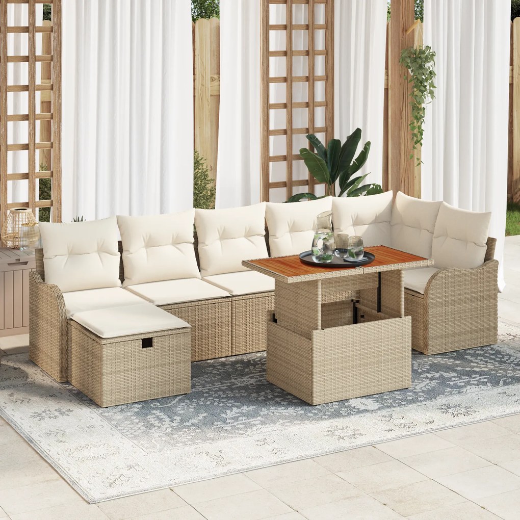 Conjunto de Sofá de Jardim de 8 Peças com Almofadas Bege Rattan Poliés