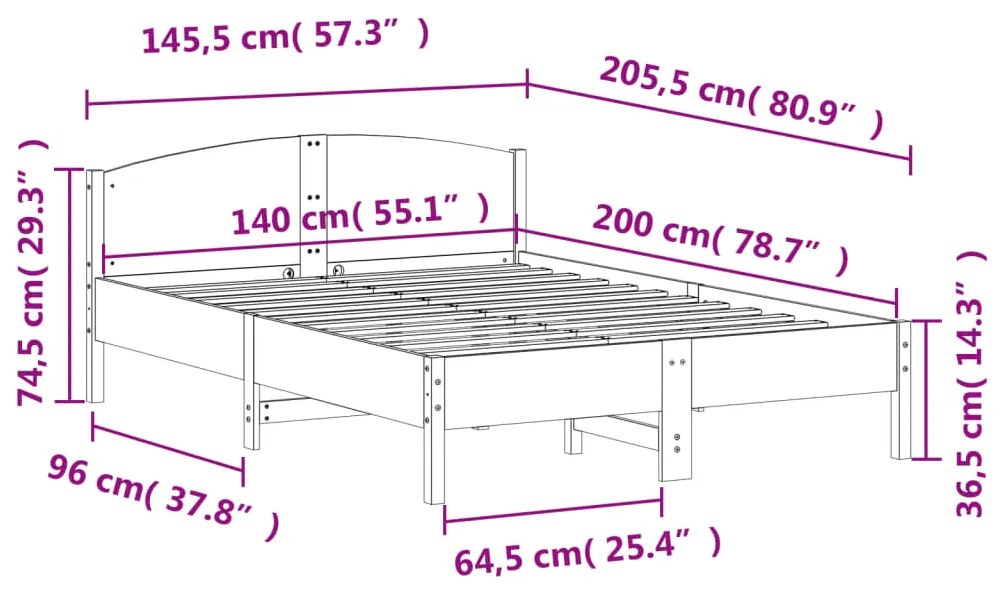 Estrutura de cama com cabeceira 140x200 cm pinho maciço