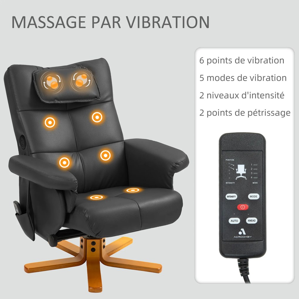 Cadeira de massagem com apoio para os pés, encosto reclinável até 135°, compartimento de arrumação, comando à distância preto