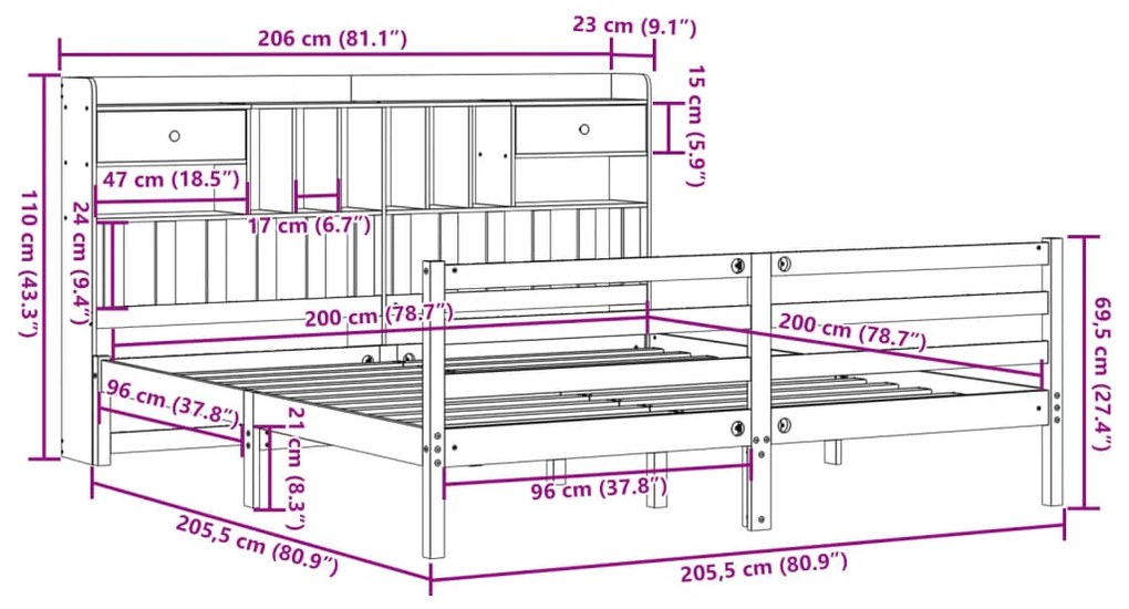 Cama com estante sem colchão 200x200 cm pinho maciço