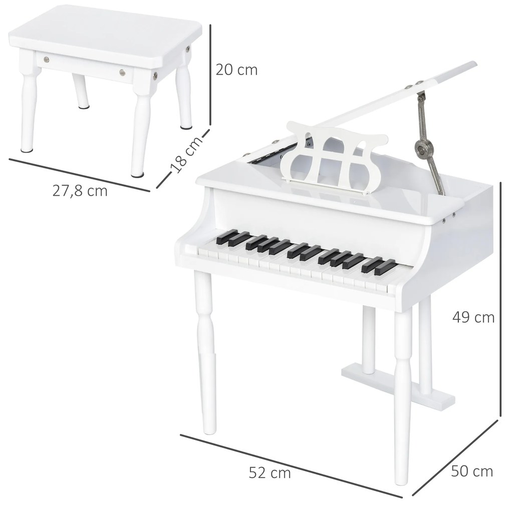 Mini piano infantil com banco 30 teclas com suporte para partitura 52x50x49 cm Branco