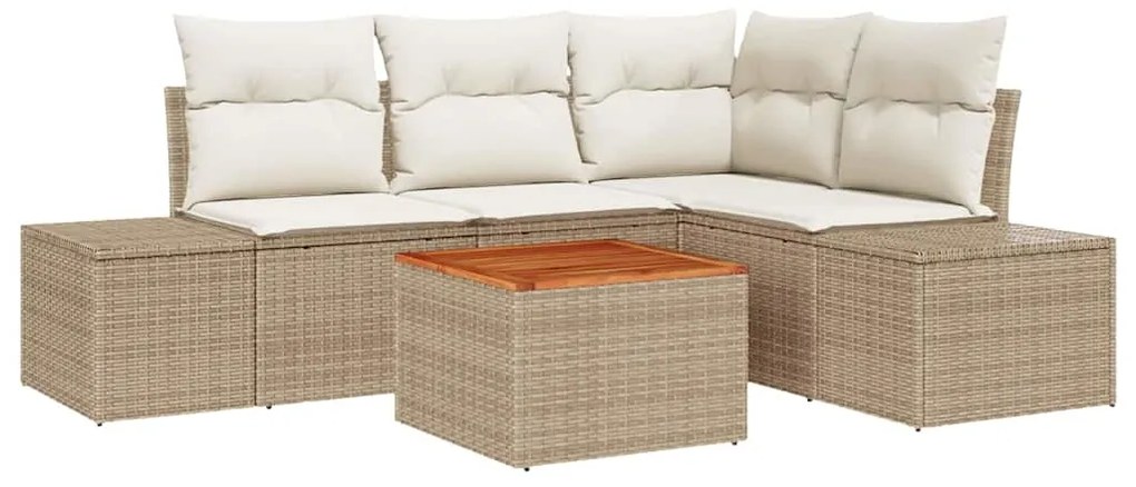 Sofá de Jardim 5 Peças com Almofadas Bege em Rattan Sintético e Acácia