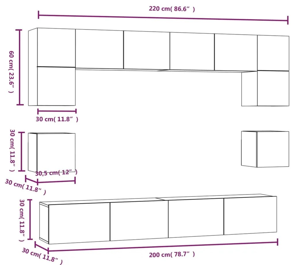 Conjunto móveis de TV 8 pcs madeira processada cinzento cimento