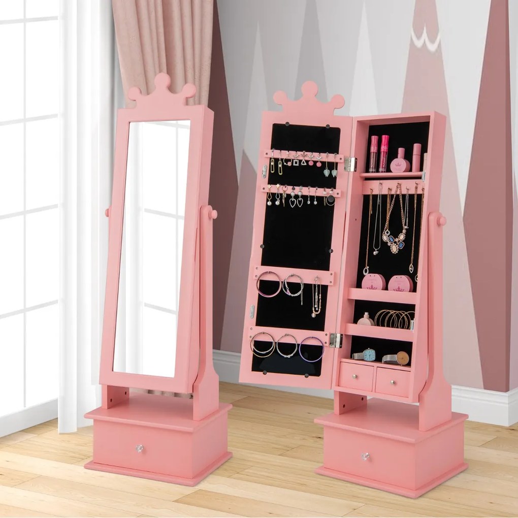 Armário de joias infantil com espelho de corpo inteiro e 3 gavetas 2 ângulos de inclinação ajustáveis ​​34 x 30 x 103/113cm rosa