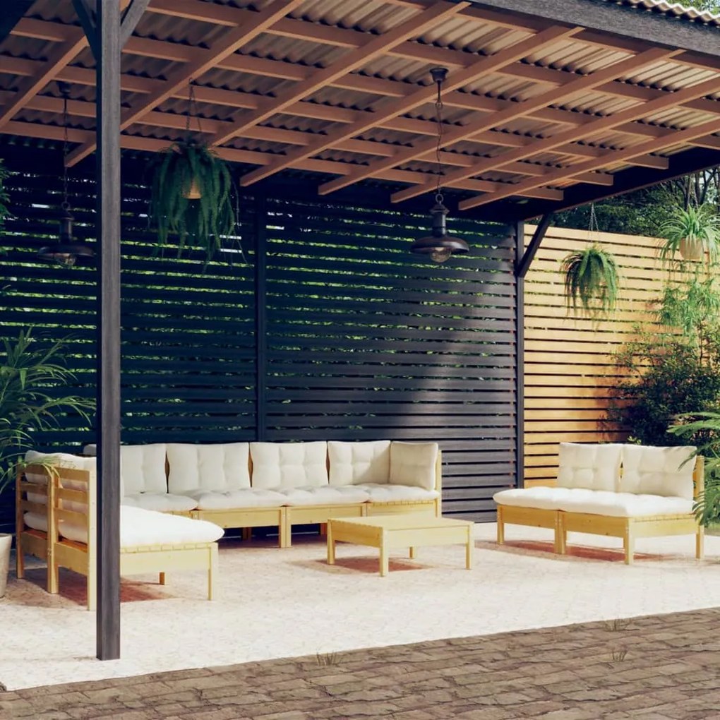 vidaXL 9 pcs conjunto lounge jardim c/ almofadões creme pinho maciço