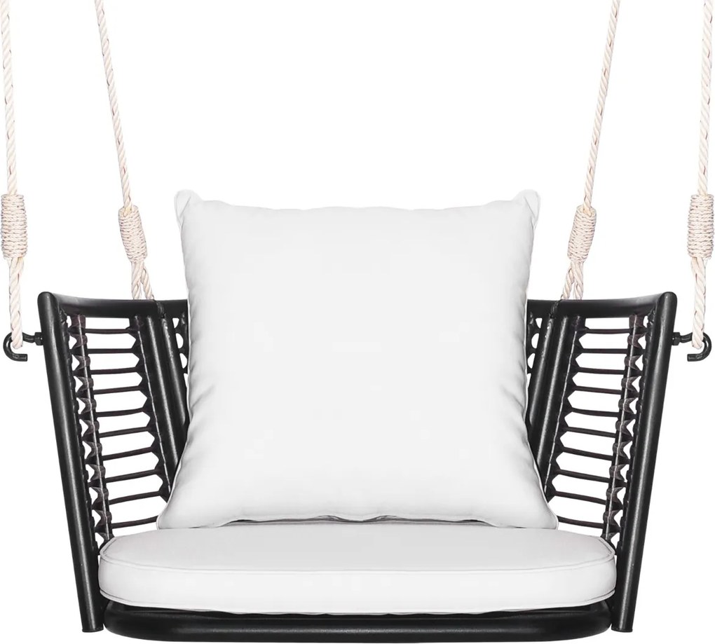Baloiço jardim de metal para 1 pessoa com encosto em rattan tecido 2 cordas suspensas Almofadas de assento branco