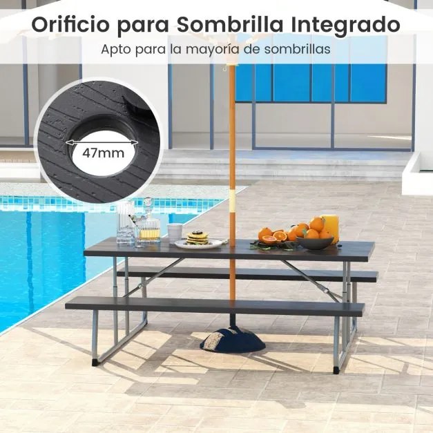 Mesa de piquenique dobrável de 183 cm para 8 pessoas com 2 bancos Estrutura metálica Furo para guarda-sol Preta