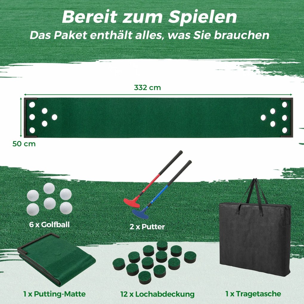 Jogo de Golf Tapete de 332 cm para Interior e Exterior com 2 Tacos Ajustáveis 6 Bolas Verde