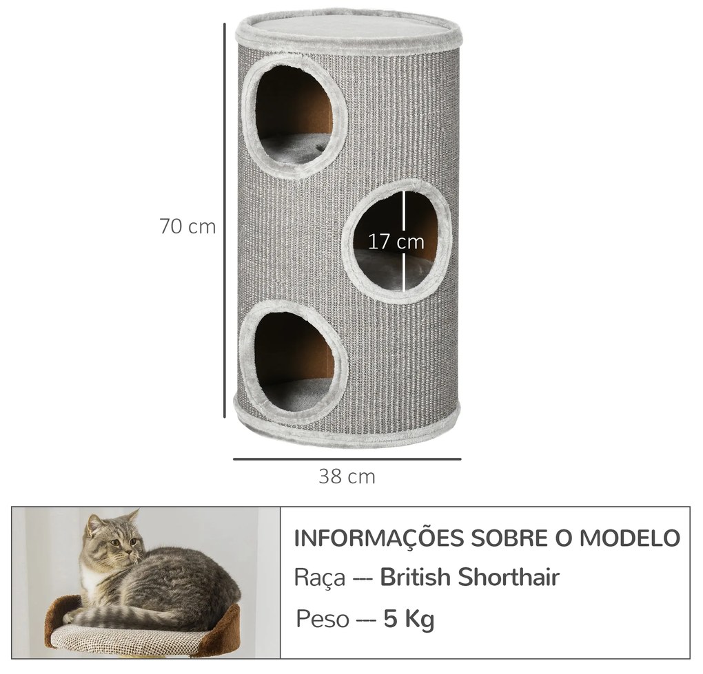 Arranhador Gatos Barril para Arranhar Gatos de 3 níveis Torre para Arranhar Gatos com 3 Entradas e Tampa em Sisal Ø38x70cm Cinzento Claro