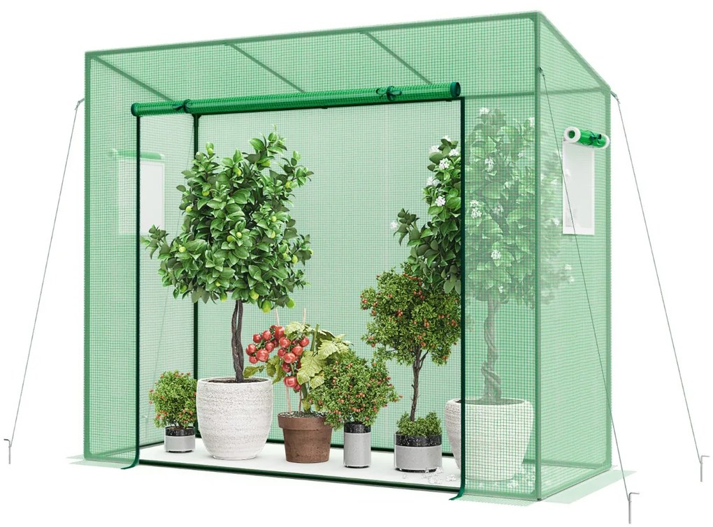 Mini estufa portátil com cobertura PE Estrutura metálica Porta de enrolar com fecho de correr Ecrã de camada dupla 200 x 77 x 169 cm verde