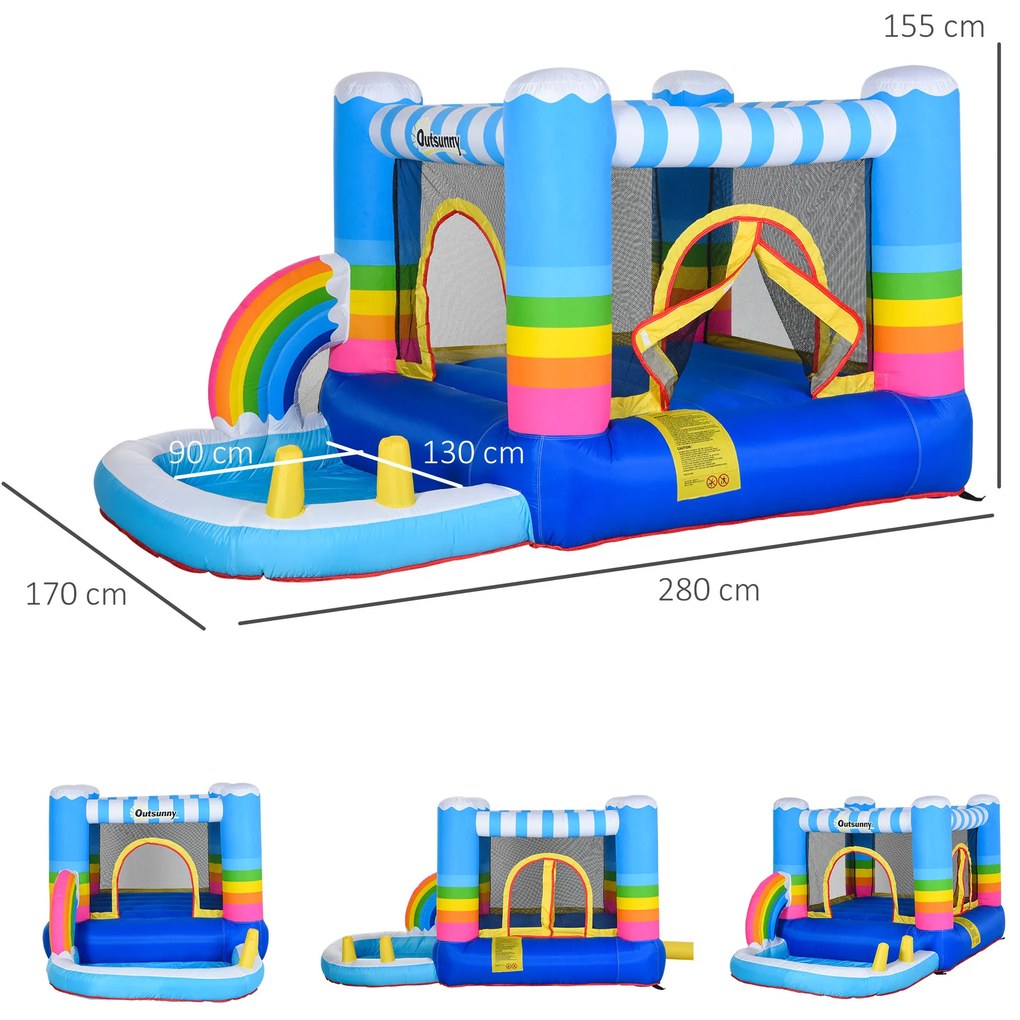 Outsunny Castelo Inflável com Trampolim e Piscina para Crianças acima de 3 Anos Inclui Inflador e Bolsa de Transporte para Interior Exterior 280x170x155cm Multicor