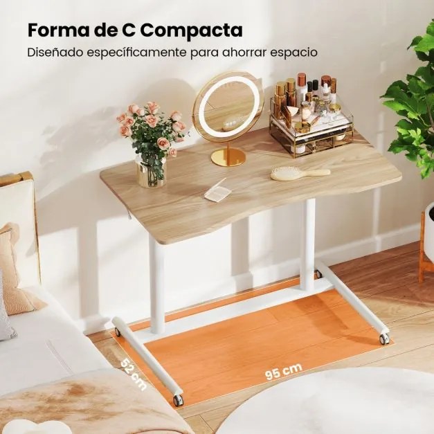 Secretária com altura ajustável em C 95 x 52 x 70-106 cm com rodas bloqueáveis e estrutura metálica para escritório Natural