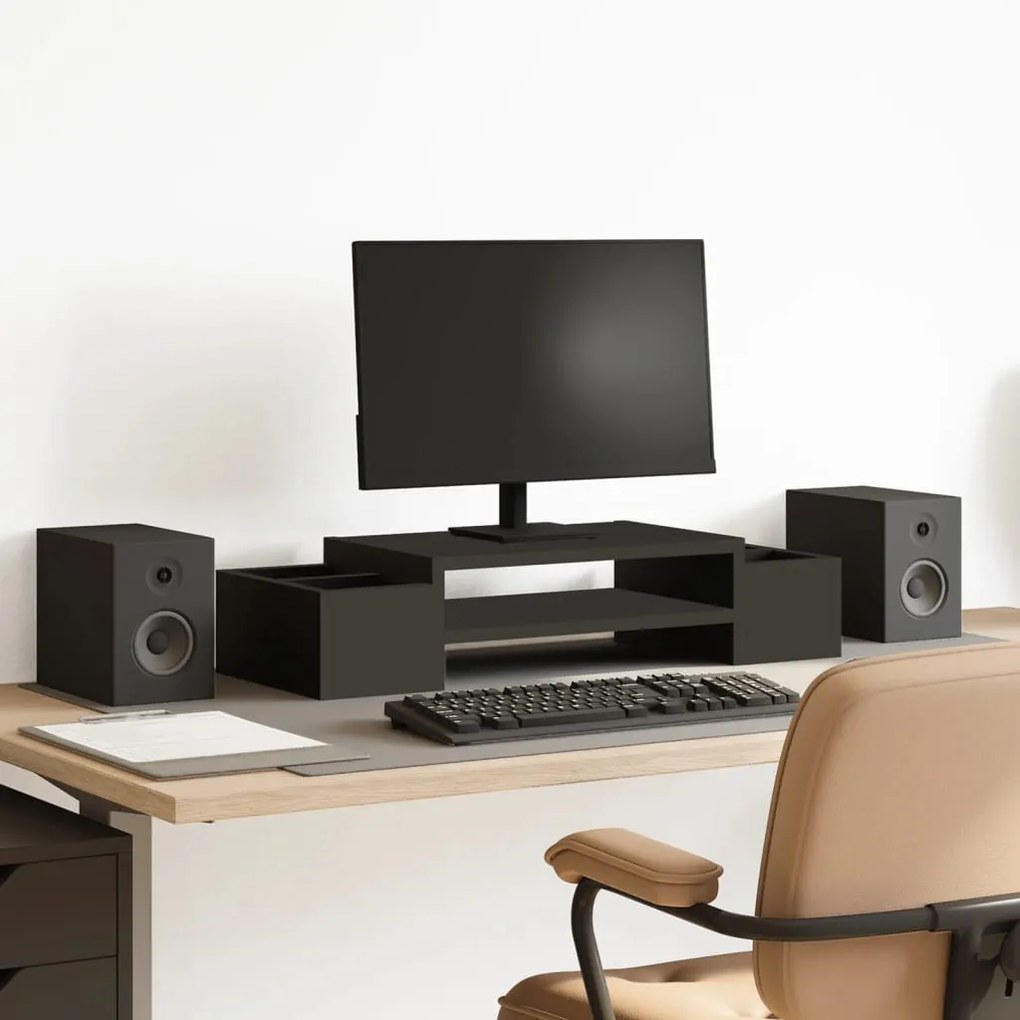 vidaXL Suporte para monitor c/ arrumação derivados de madeira preto