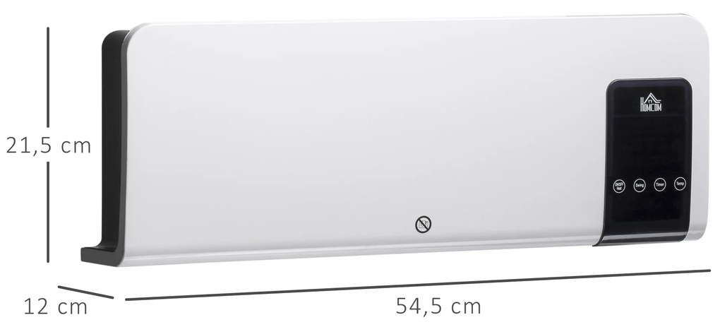 Aquecedor Elétrico de Parede 1000W/2000W Aquecedor com Ecrã LED Controlo Remoto Termostato Temporizador para Áreas de 15-20 m² 54,5x12x21,5 cm Branco