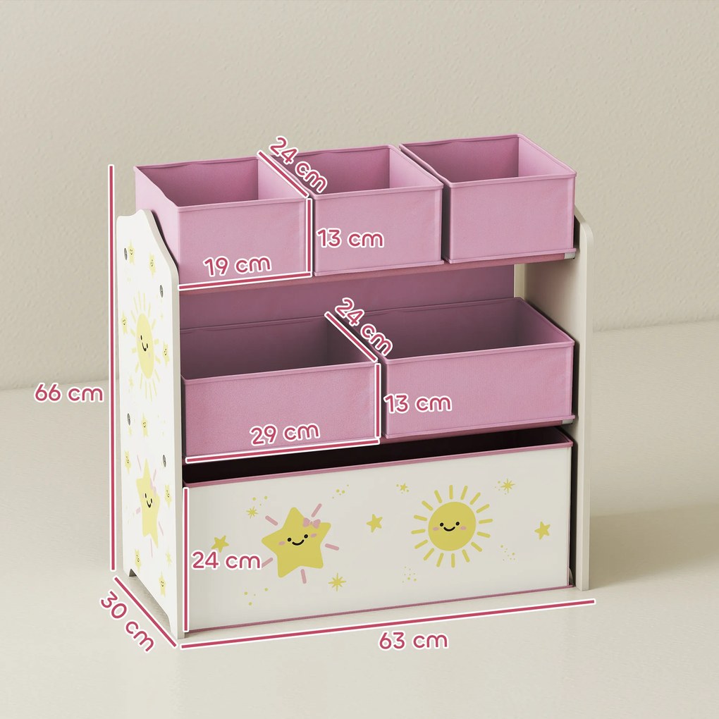 Estante Infantil para Brinquedos com 6 Caixas em Tecido Não Tecido Organizador de Brinquedos de 3 Níveis 63x30x66 cm Rosa