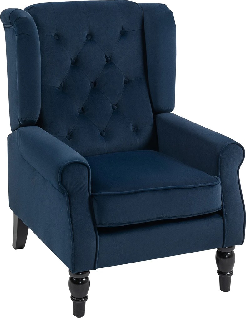 Poltrona de sala estofada com assento largo, pés de madeira, estilo clássico, grande conforto, 74x86x102 cm, azul escuro