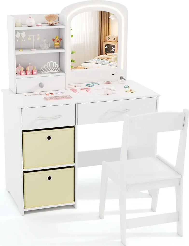 Conjunto de Toucador para Crianças com Espelho Iluminado para Princesas com Luzes Branco