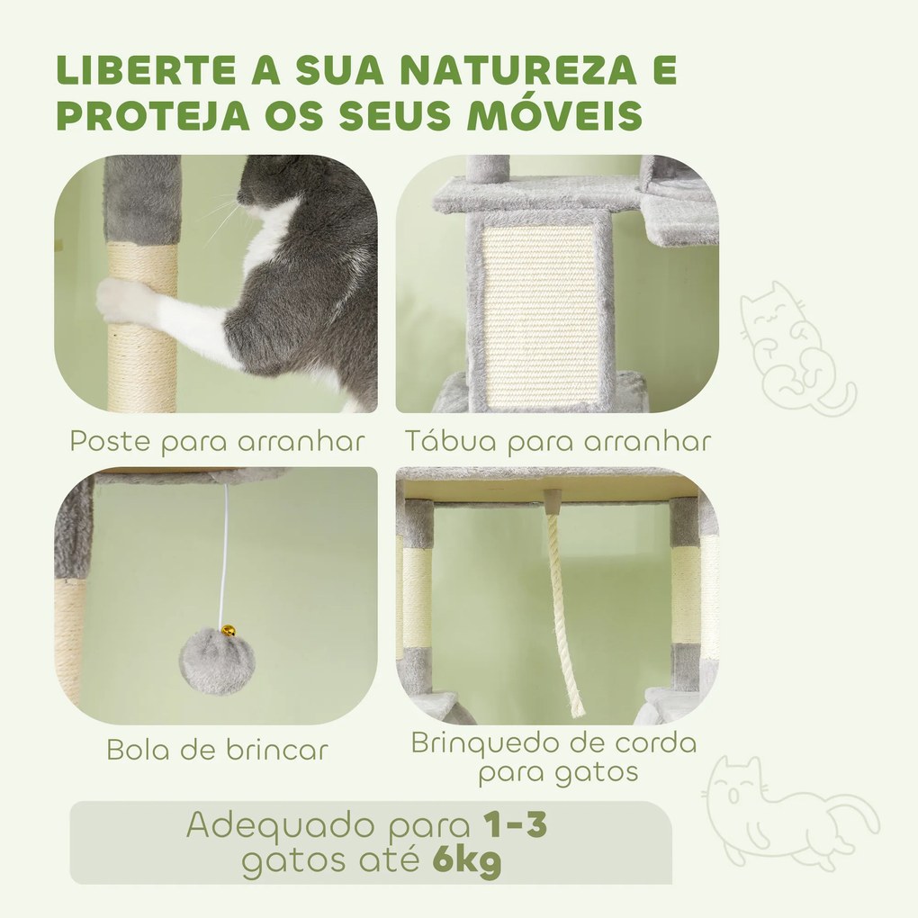 Arranhador para Gatos Grande Altura 173 cm Torre para Gatos com Plataformas Caverna Bolas Suspensa e Rede Cinza Claro